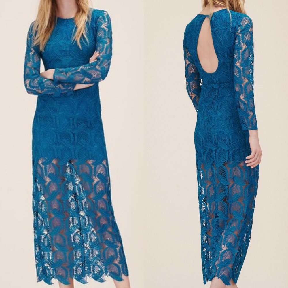 MAJE Rosane Midi Long Dress Blue Open Back Blue New
